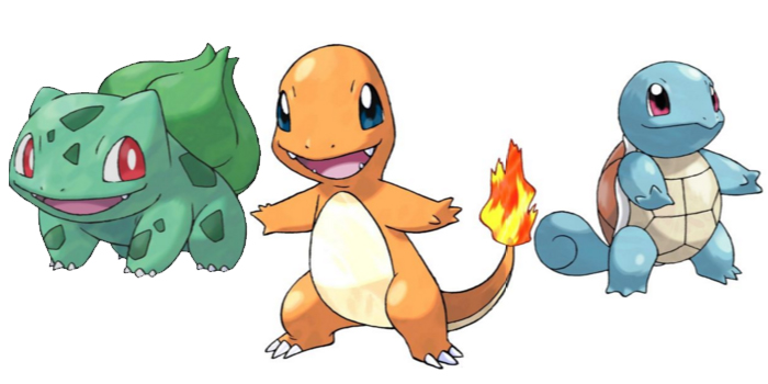 Bulbasaur, Charmander, and Squirtle